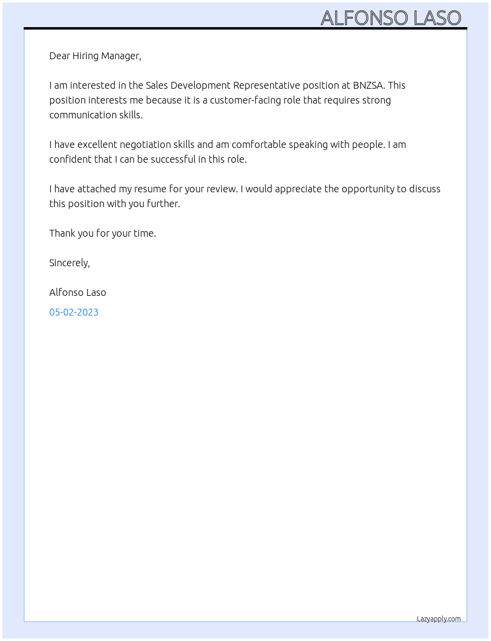 Sales Development Representative At BNZSA Cover Letter