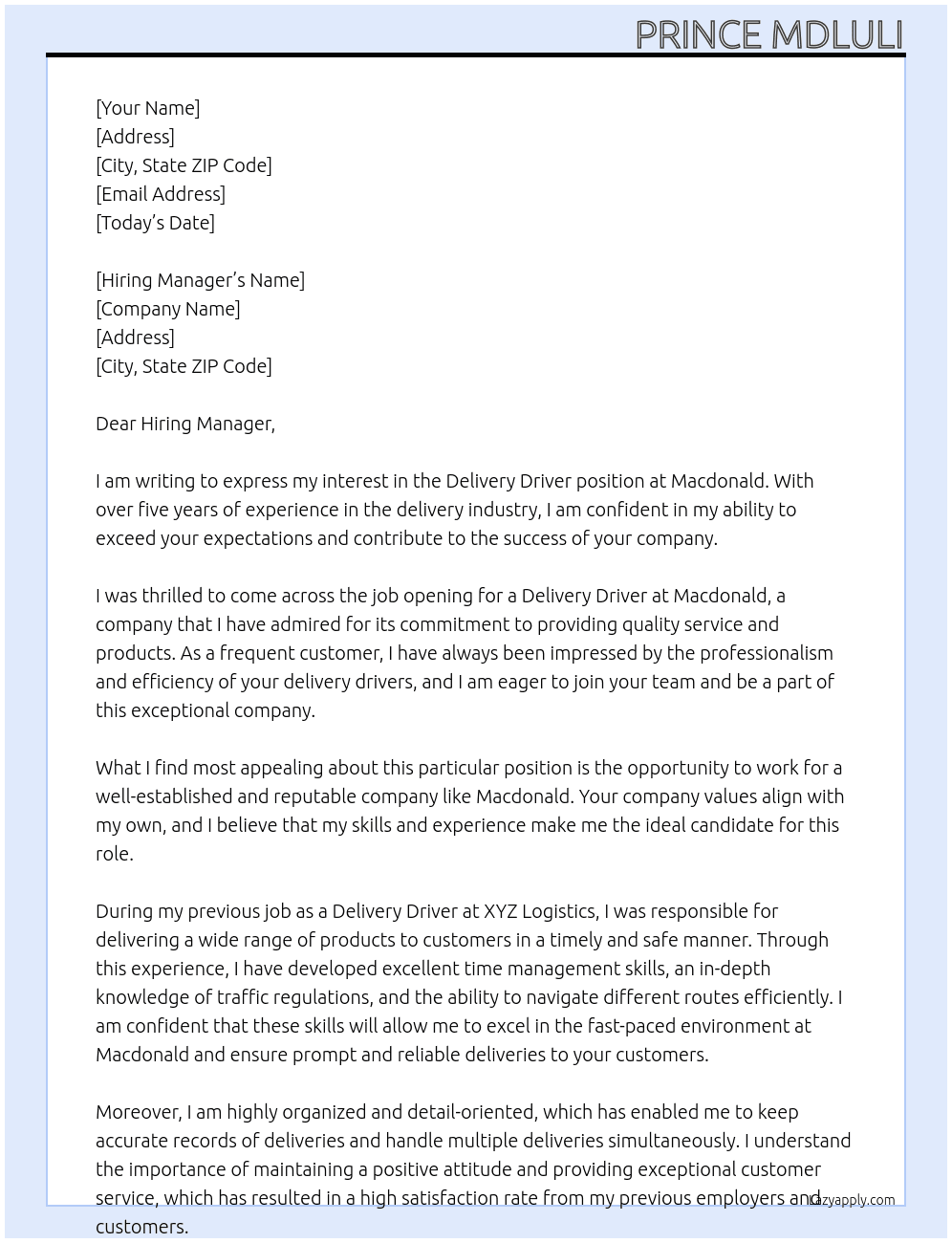 Delivery Driver At Macdonald  Cover Letter