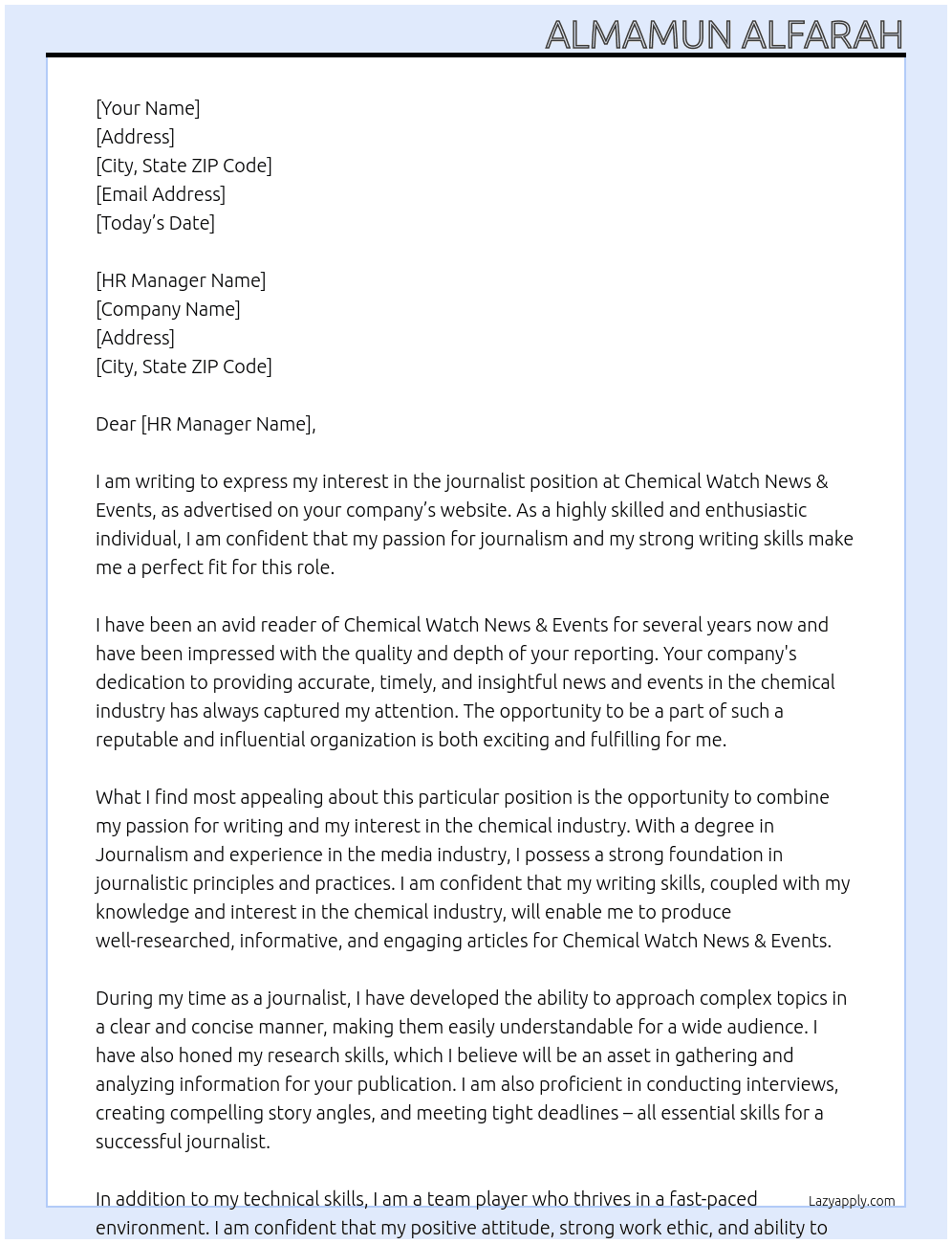  journalist At Chemical Watch News & Events Cover Letter
