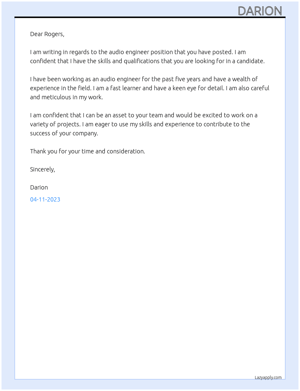 Audio Engineer At Rogers Cover Letter