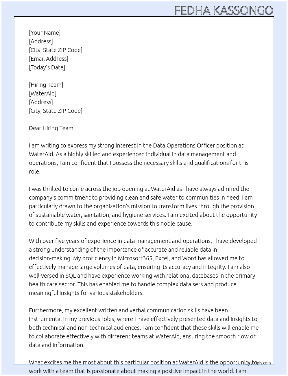 Data Operations officer At WaterAid Cover Letter