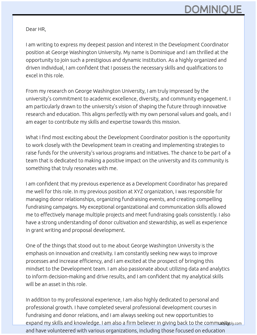 Development Coordinator At George Washington University Cover Letter
