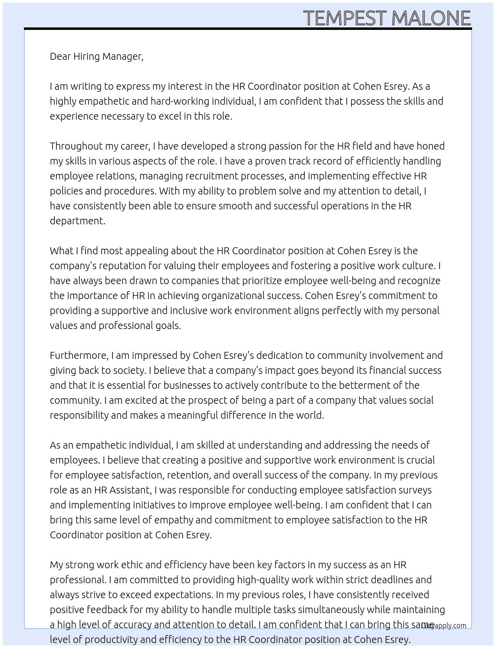 HR Coordinator At Cohen Esrey Cover Letter