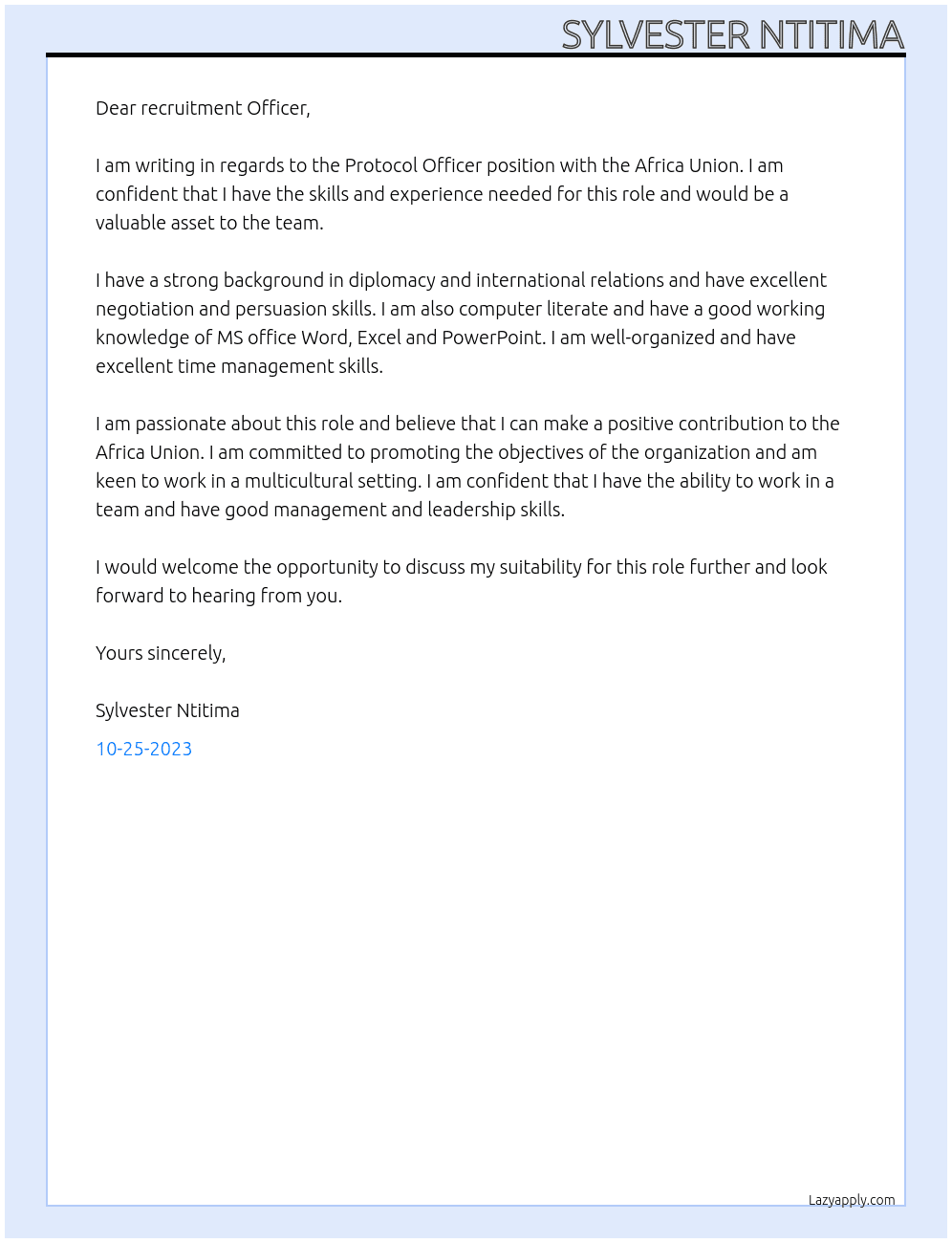 Protocol Officer At Africa Union Cover Letter