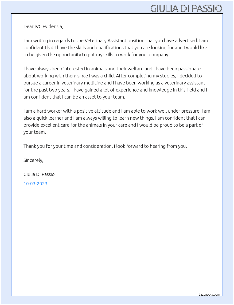 Veterinary Assistant At IVC Evidensia Cover Letter