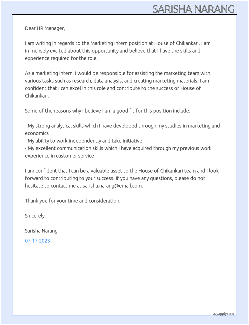Marketing Intern At House of Chikankari  Cover Letter