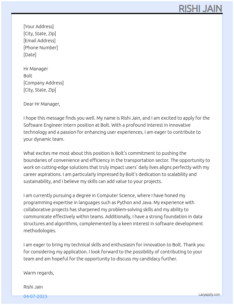 Software Engineer intern At Bolt Cover Letter