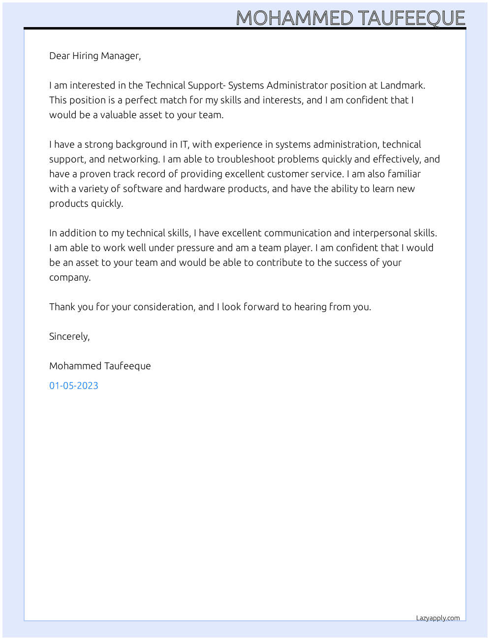 Cover letter for technical support- systems administrator - LazyApply