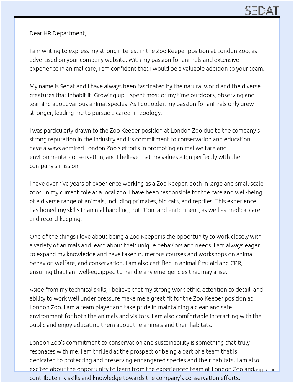 Zoo keeper At London Zoo Cover Letter