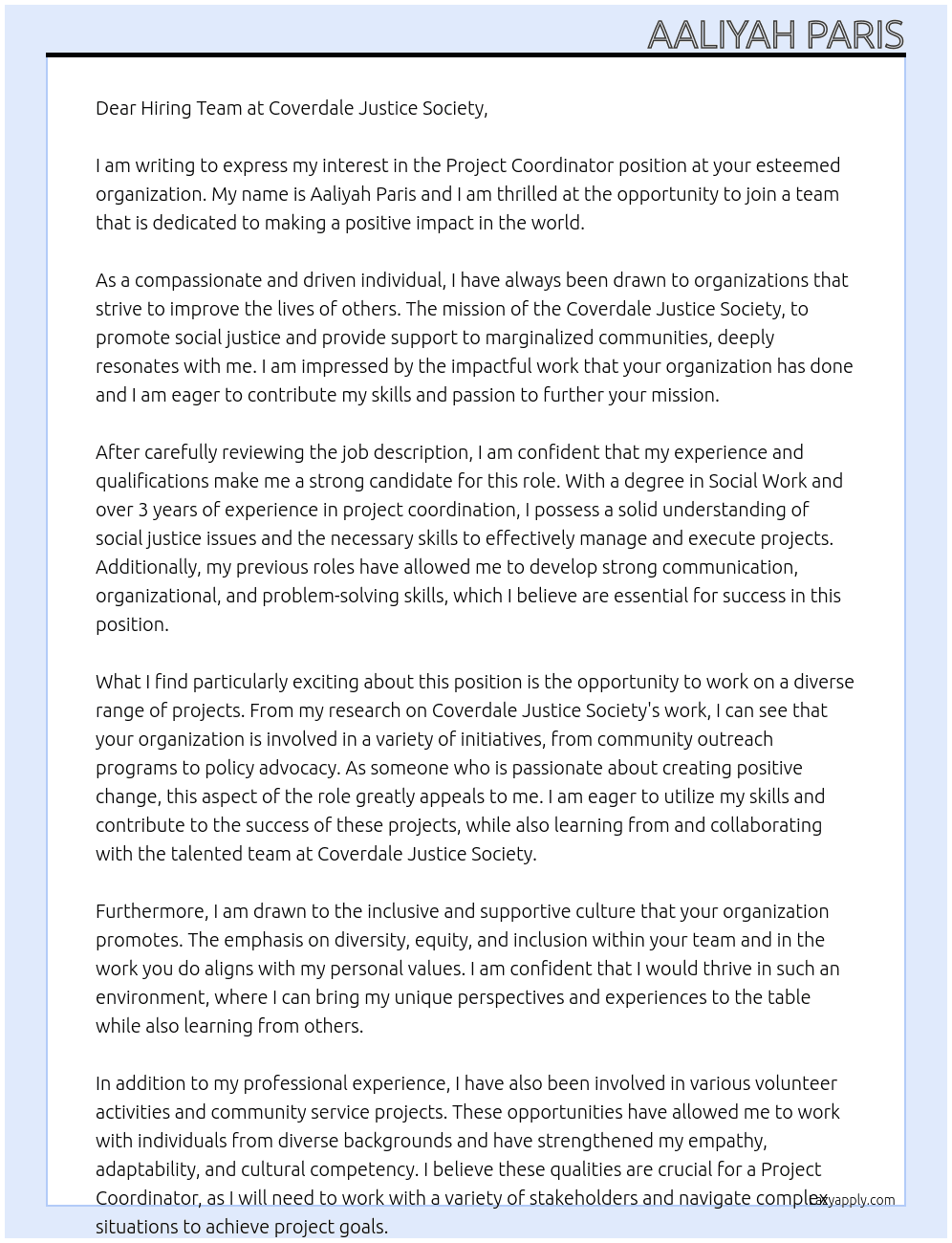 Project coordinator At Coverdale Justice society Cover Letter
