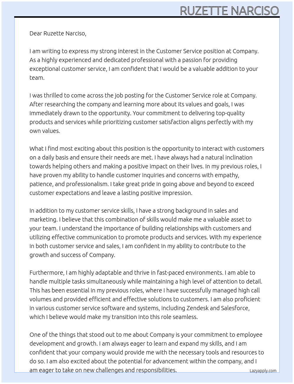 Costumer service  At Company  Cover Letter