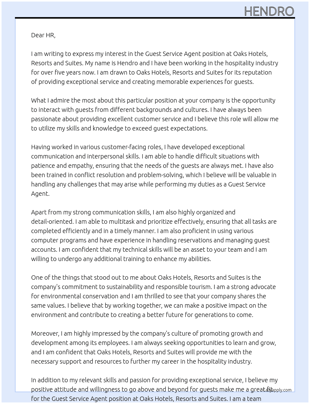 Guest Service Agent At Oaks Hotels, Resorts and Suites Cover Letter