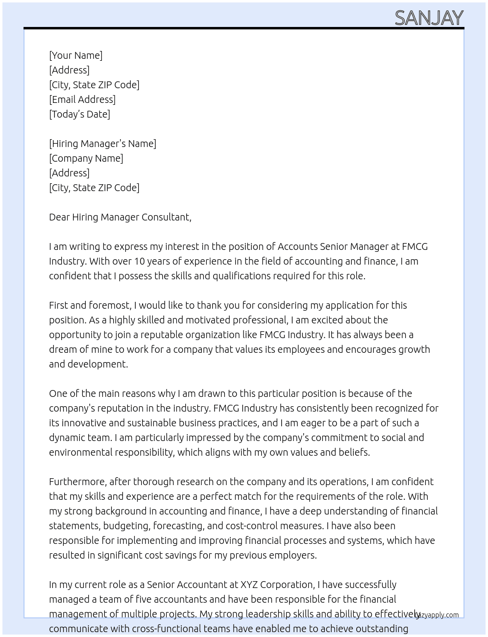 accounts denior manager At FMCG INDUSTRY Cover Letter