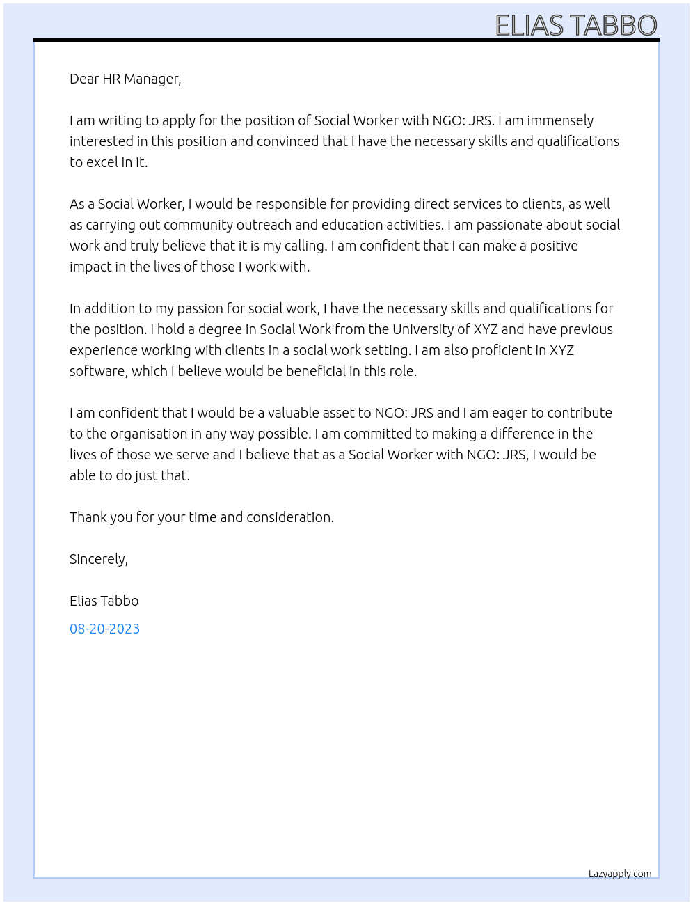 Social Worker At NGO: JRS Cover Letter