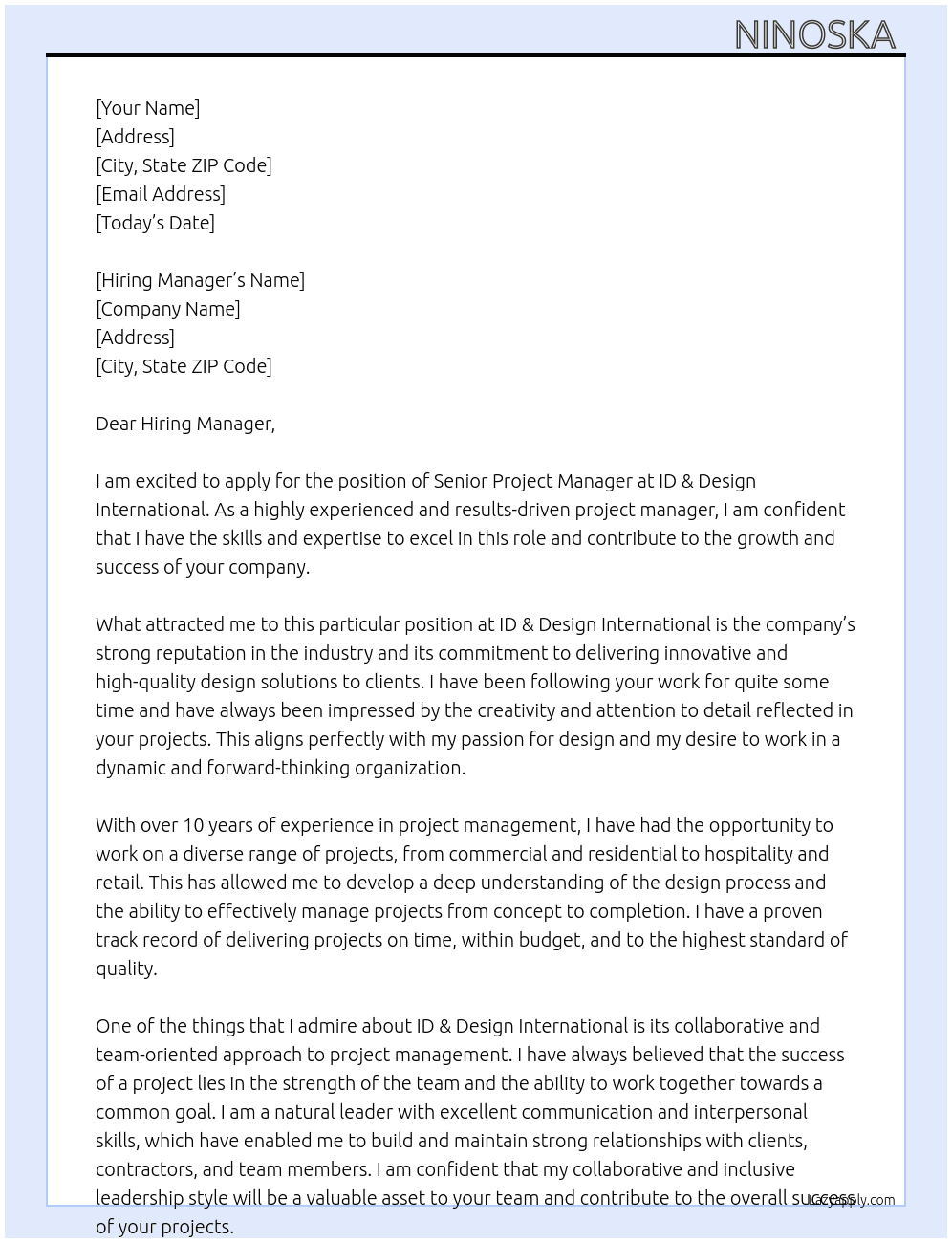 Senior Project Manager At ID & Design International  Cover Letter