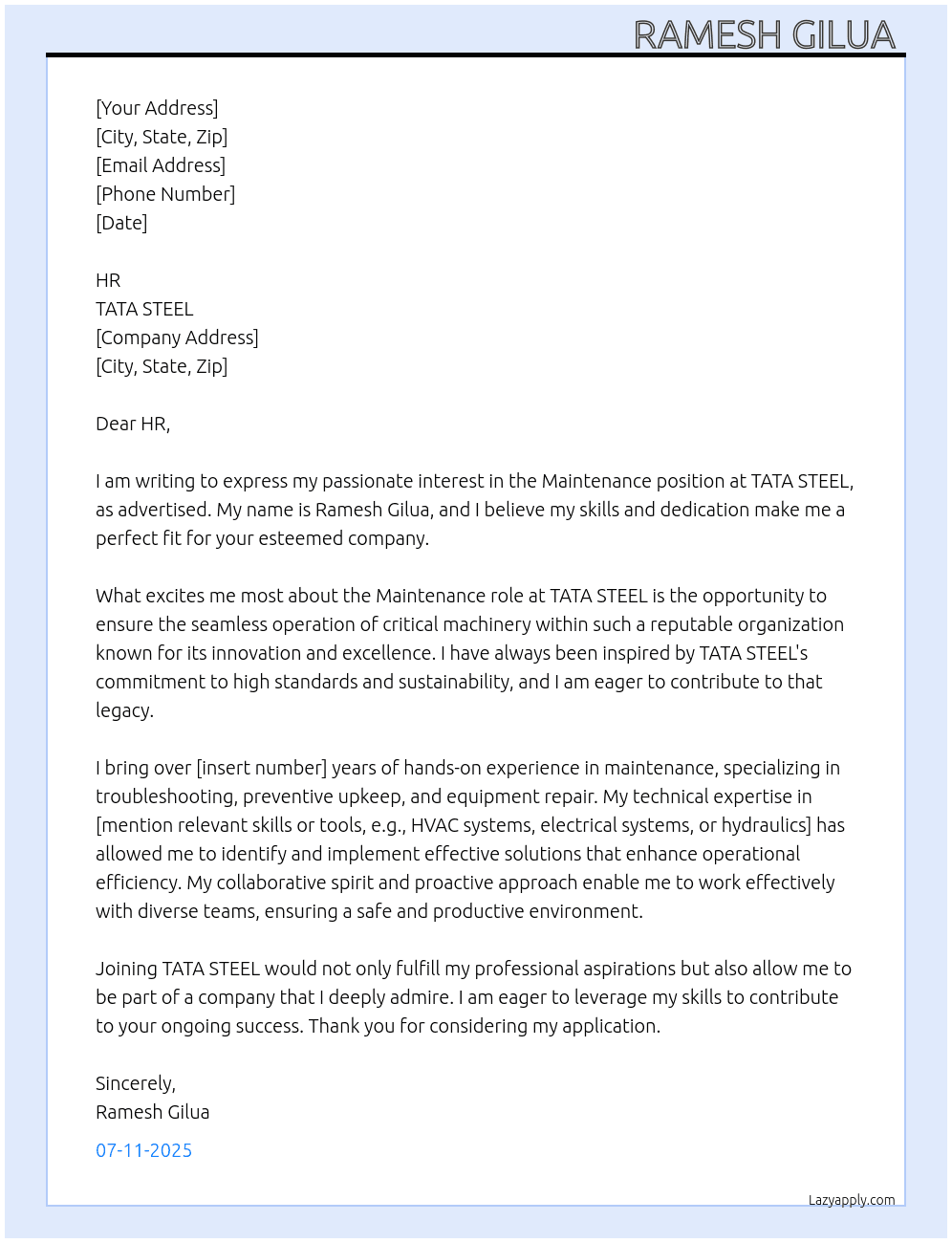 Cover letter for maintainance - LazyApply