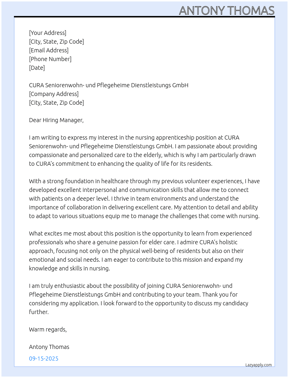 Cover letter for ausbildung nursing - LazyApply