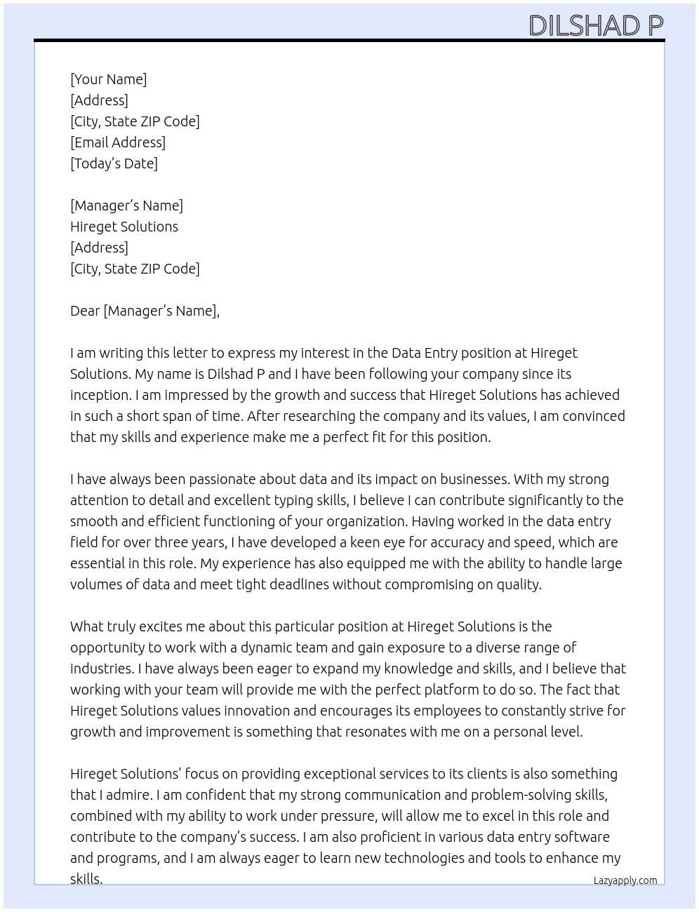 Data entry At Hireget solutions Cover Letter