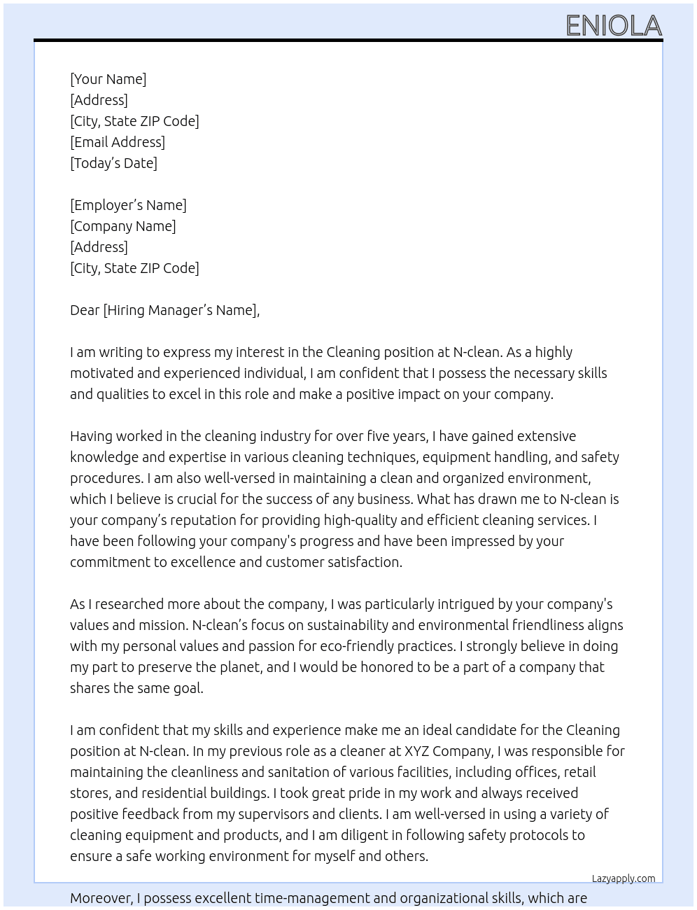 Cleaning At N-clean Cover Letter