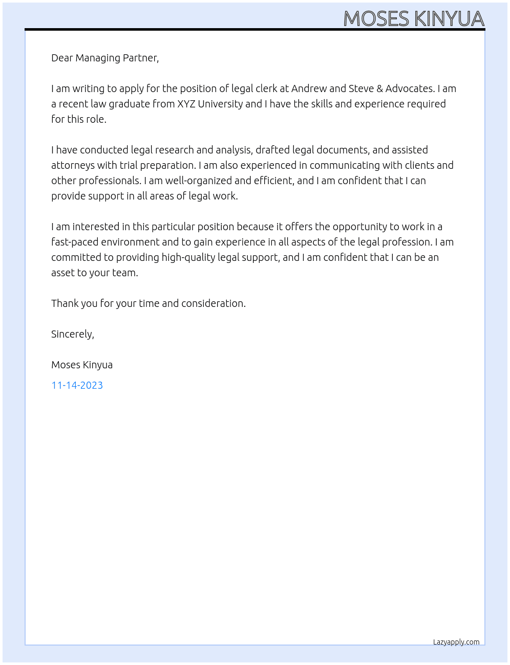 legal clerk At andrew and steve &  Advoates Cover Letter