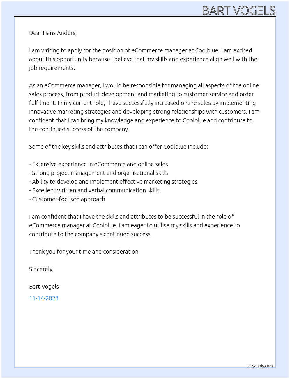 eCommerce manager At coolblue Cover Letter