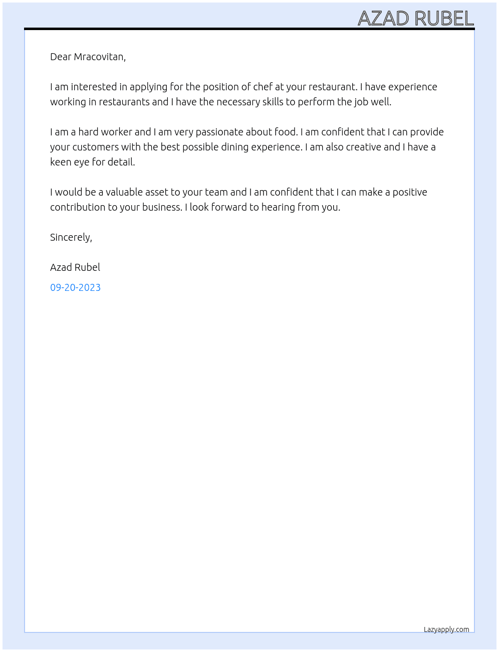 chef At resturent Cover Letter