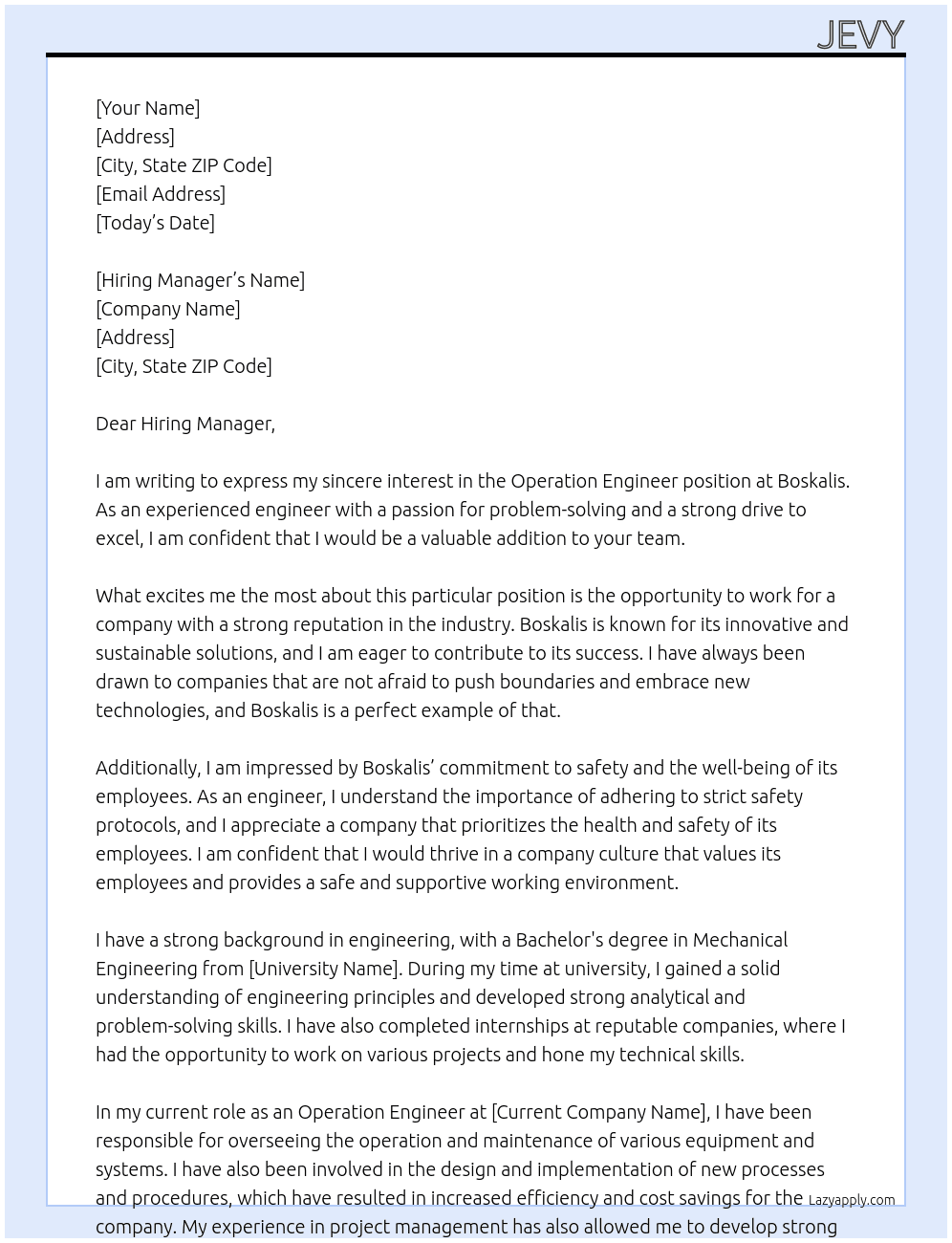 Operation engineer At Boskalis Cover Letter