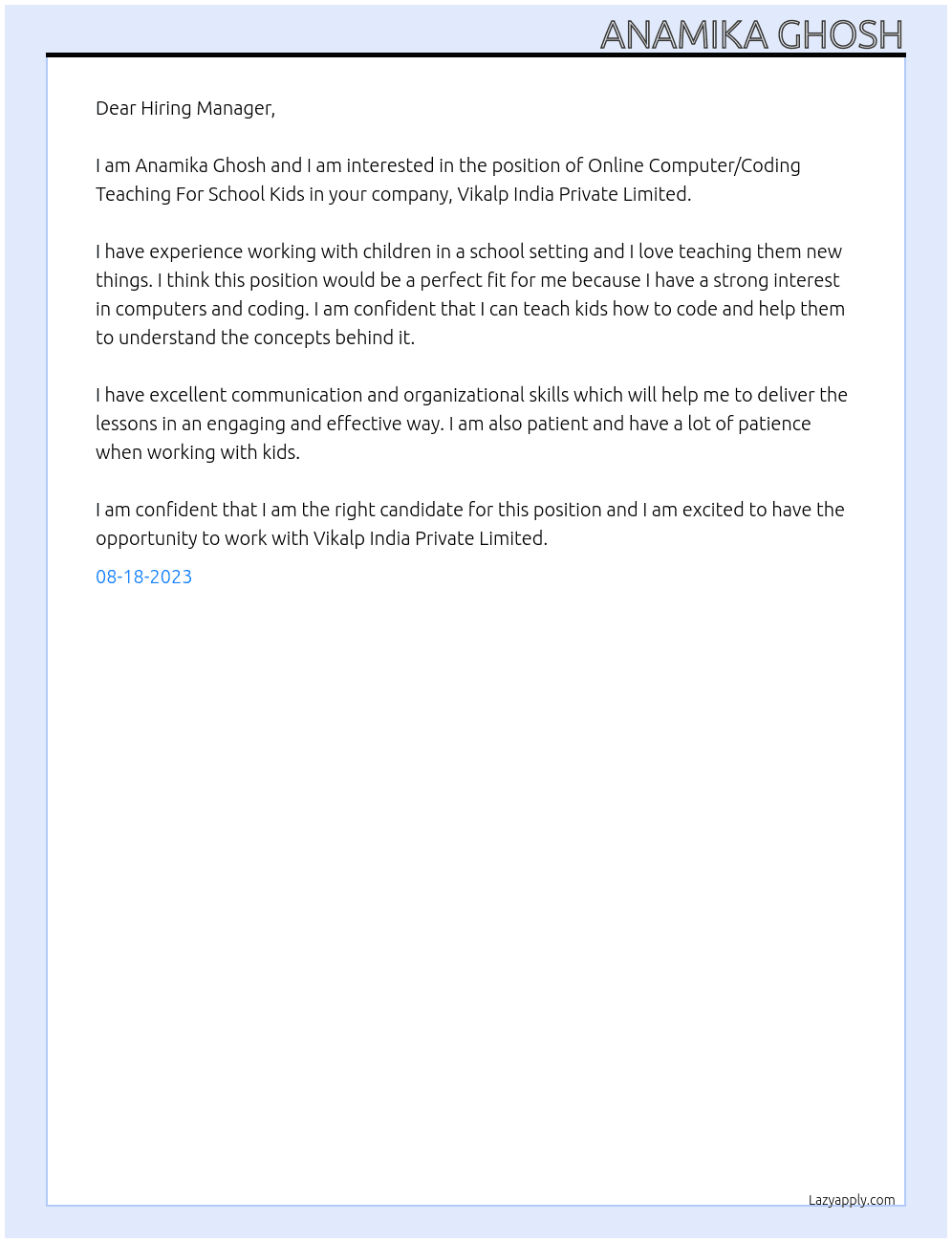 Online Computer/Coding Teaching For School Kids At Vikalp India Private Limited Cover Letter