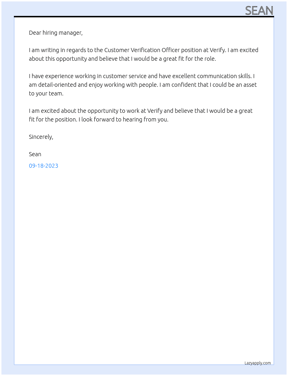 Customer Verification Officer, At Verify Cover Letter