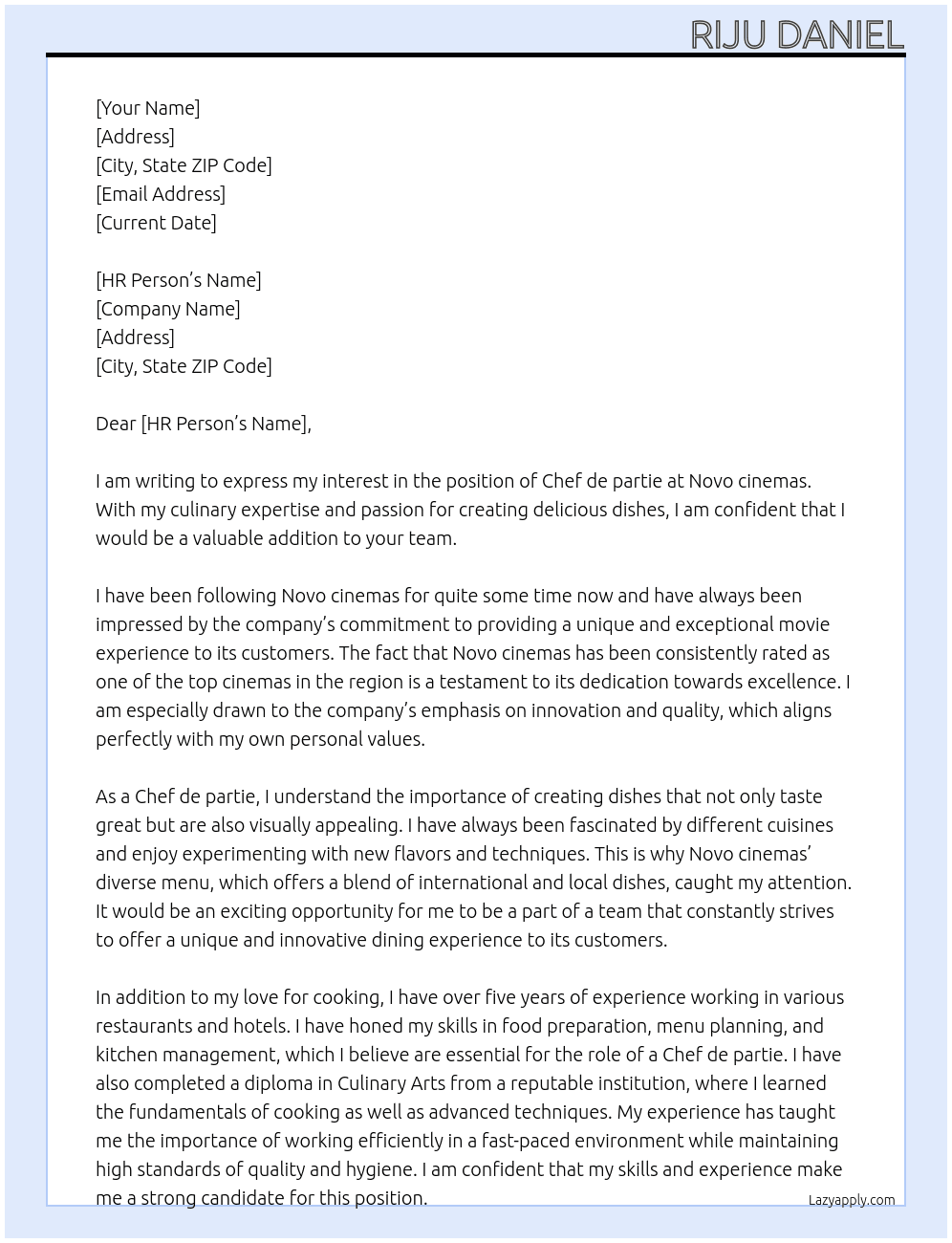 Chef de partie  At Novo cinemas Cover Letter