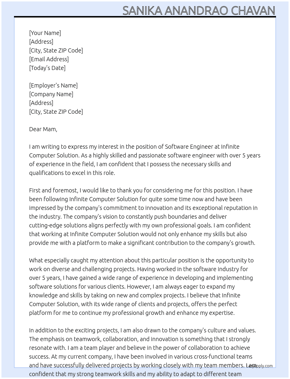Software engineer  At Infinite computer solution  Cover Letter