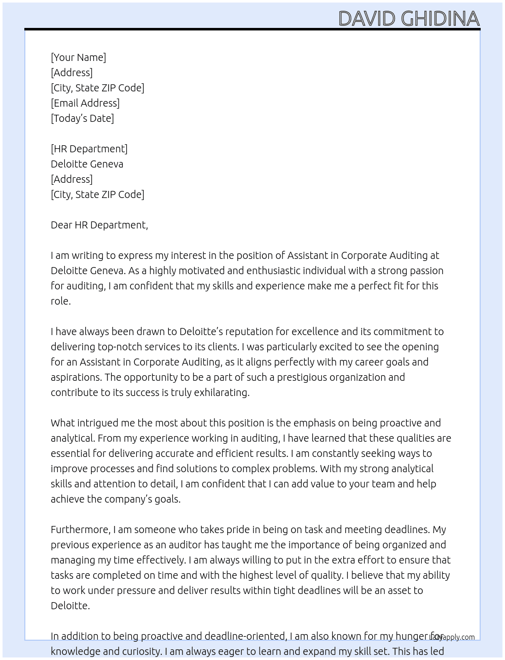 Assistant in Corporate Auditing  At Deloitte Geneva Cover Letter