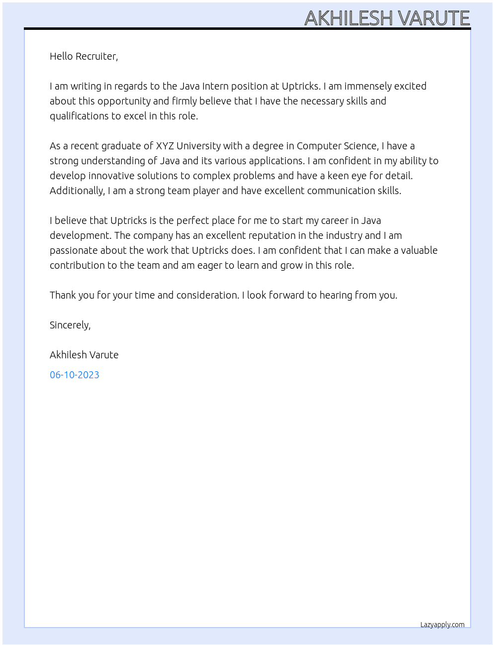 java intern At uptricks Cover Letter