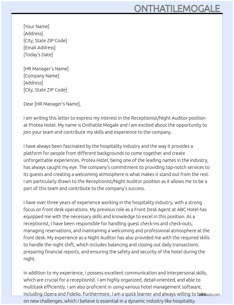 Receptionist/Night Auditor  At Protea Hotel Cover Letter