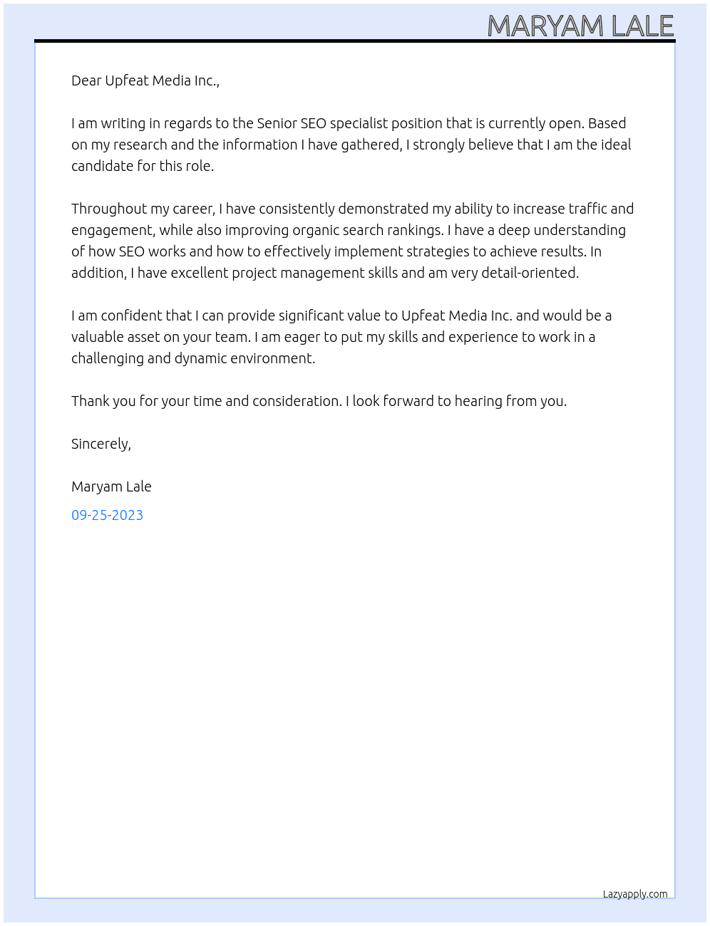 Senior SEO specialist  At Upfeat Media Inc. Cover Letter