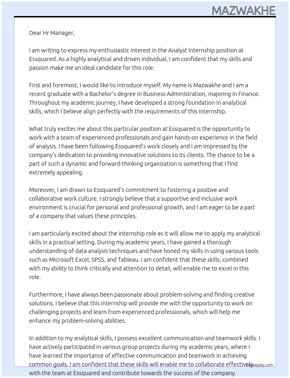 Analyst Internship  At Essquared Cover Letter