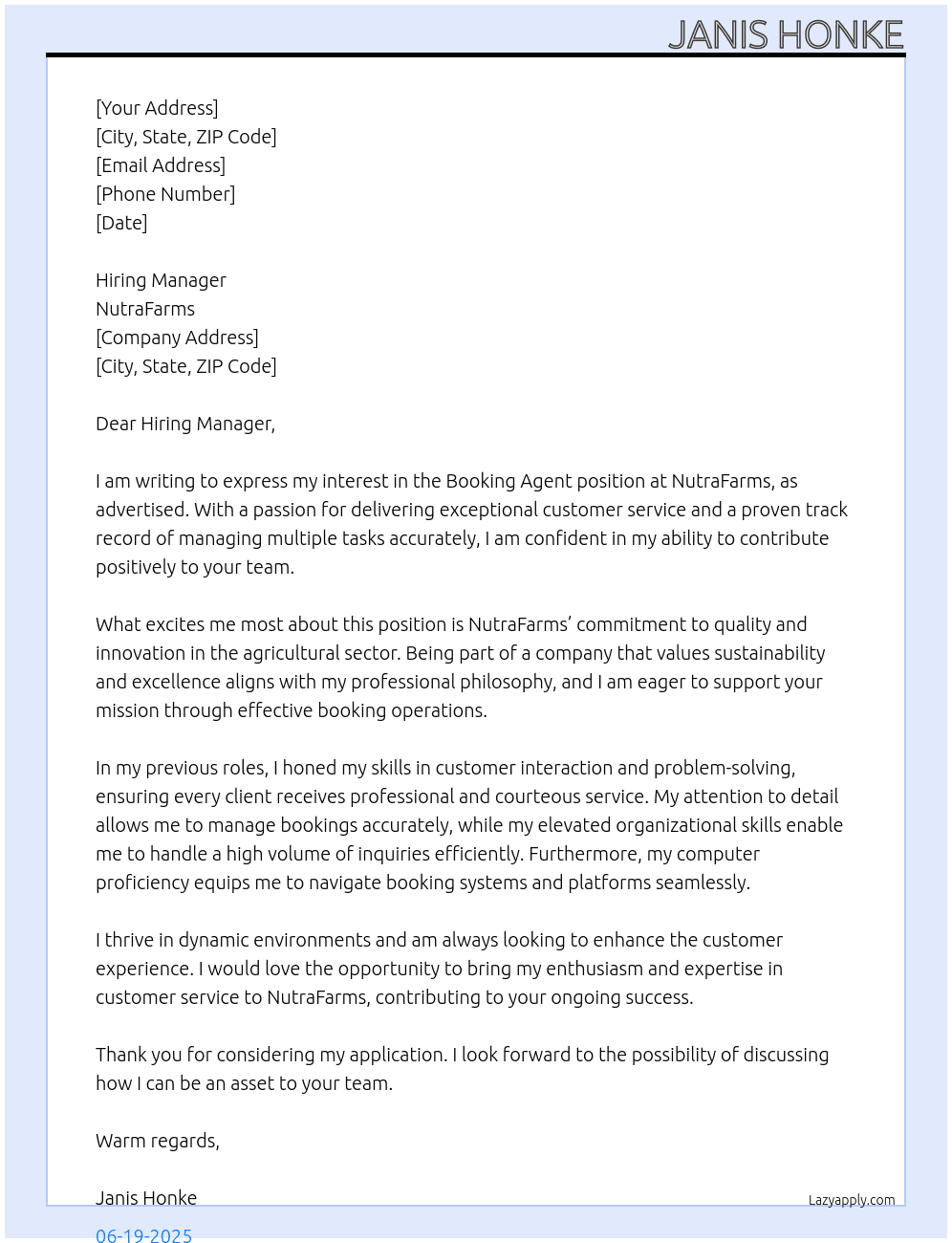 Booking Agent At NutraFarms Cover Letter