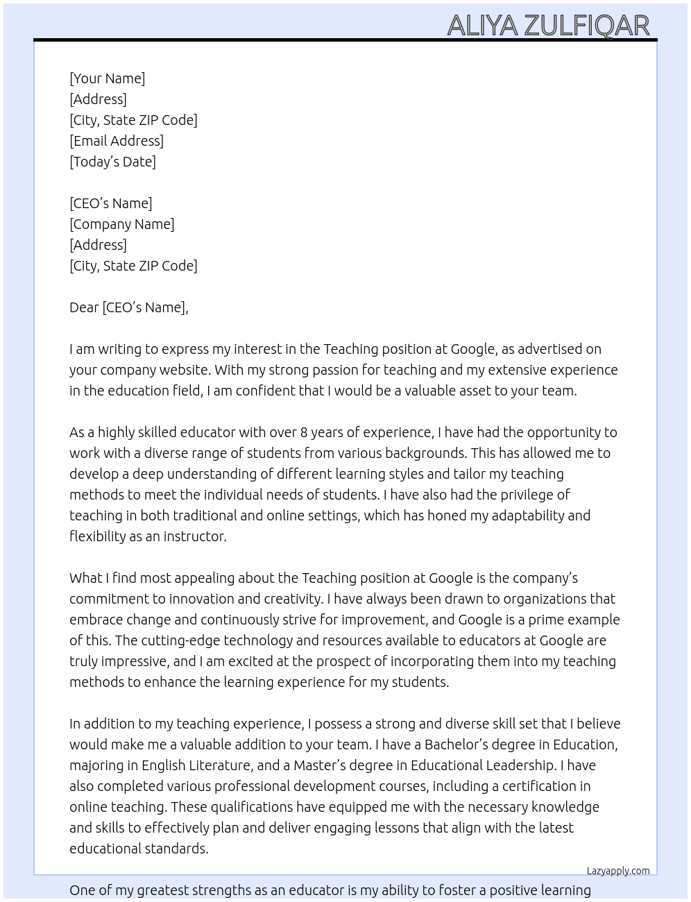 Teaching  At Google Cover Letter