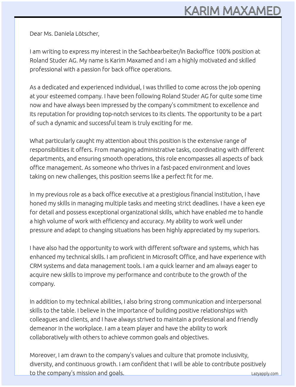 Sachbearbeiter/in Backoffice 100% At Roland Studer AG Cover Letter
