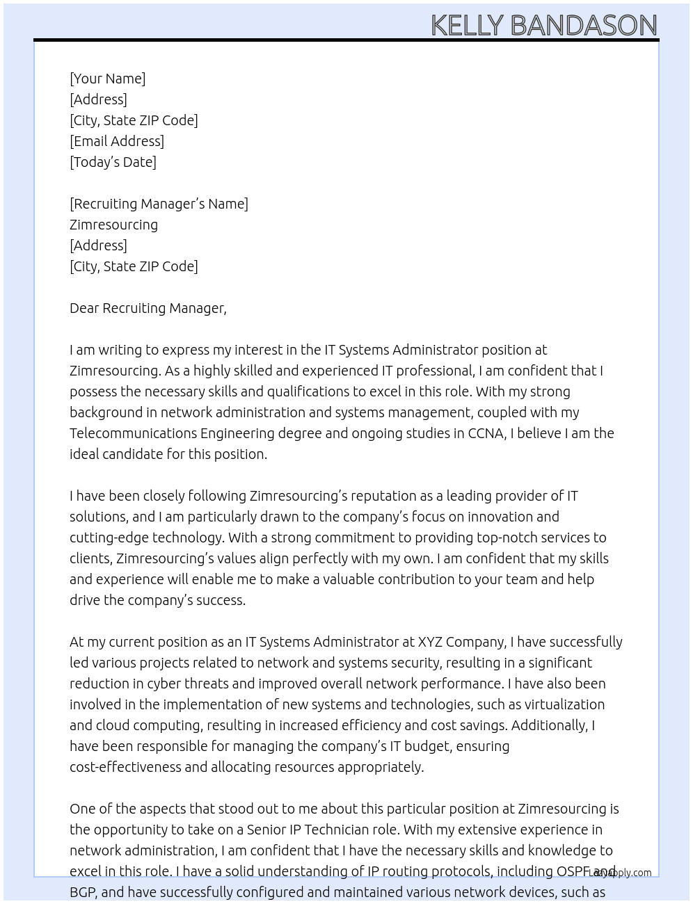 IT Systems Administrator At Zimresourcing Cover Letter