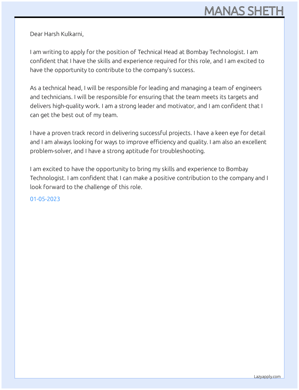 Cover letter for technical head - LazyApply