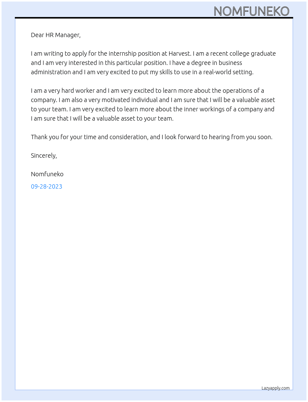 Internship  At Harvest  Cover Letter