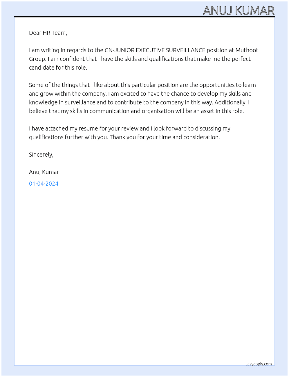 GN-JUNIOR EXECUTIVE SURVEILLANCE At Muthoot Group Cover Letter
