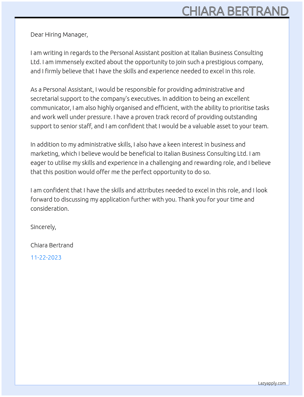 Personal Assistant At  Italian Business Consulting Ltd Cover Letter