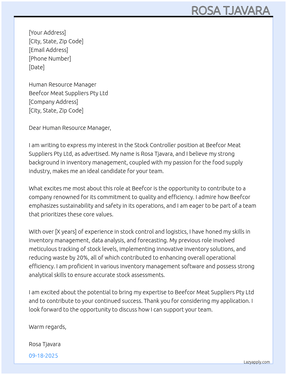 Stock controller  At Beefcor Meat Suppliers - Pty Ltd  Cover Letter