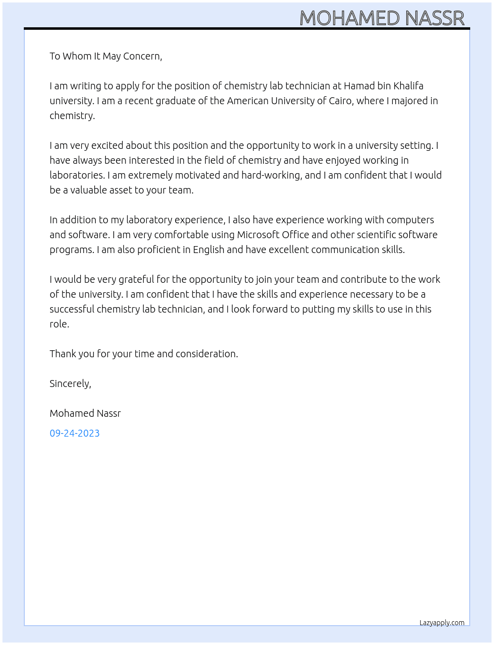 chemistry lab technician  At Hamad bin Khalifa university  Cover Letter