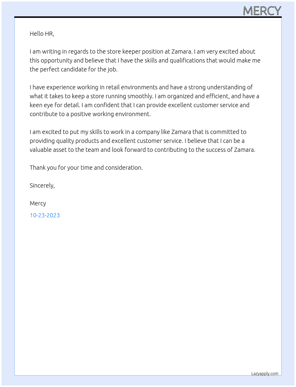 store keeper At zamara Cover Letter