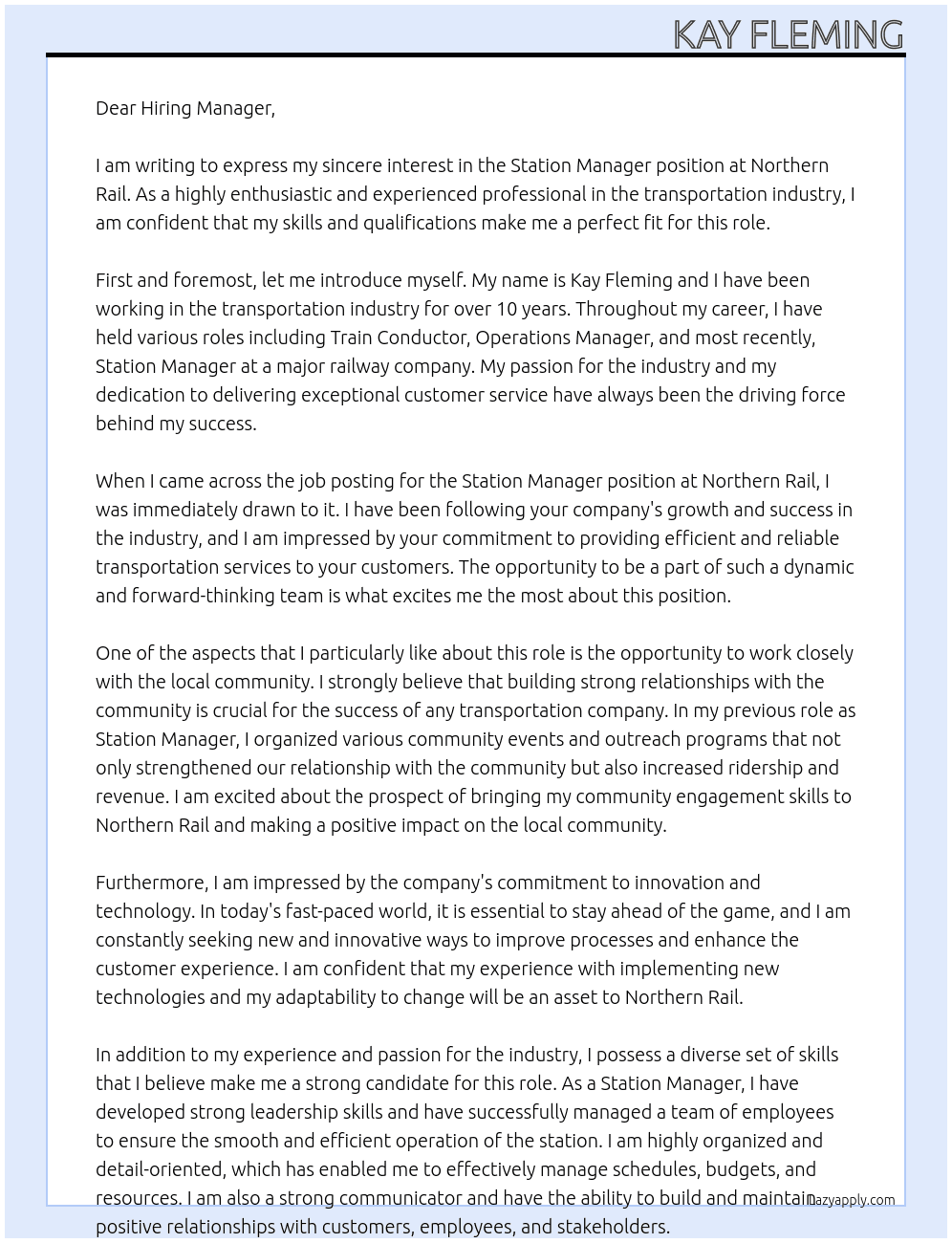 Station Manager At Northern Rail Cover Letter