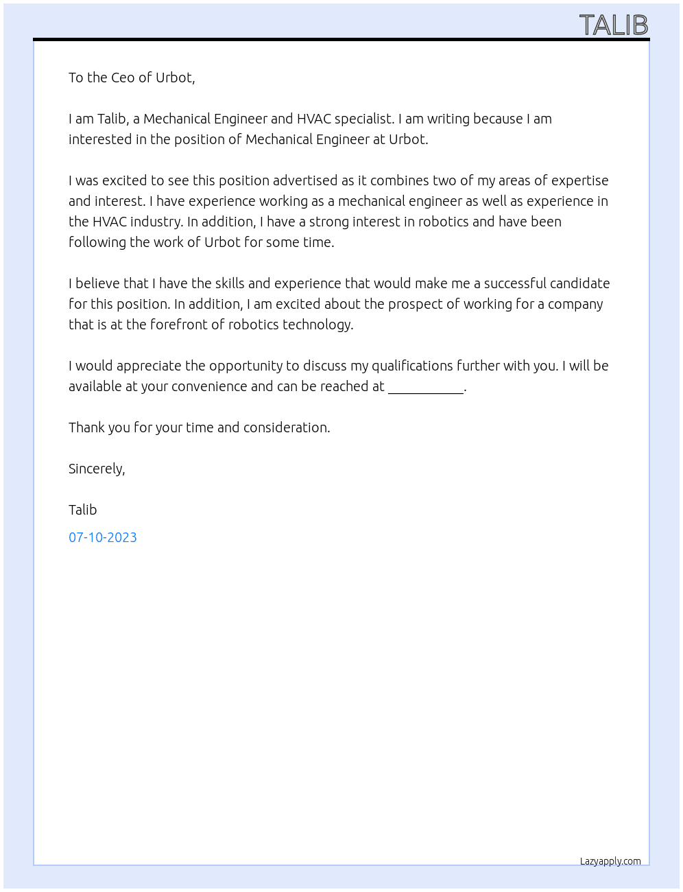 Mechanical Engineer and HVAC  At Urbot Cover Letter