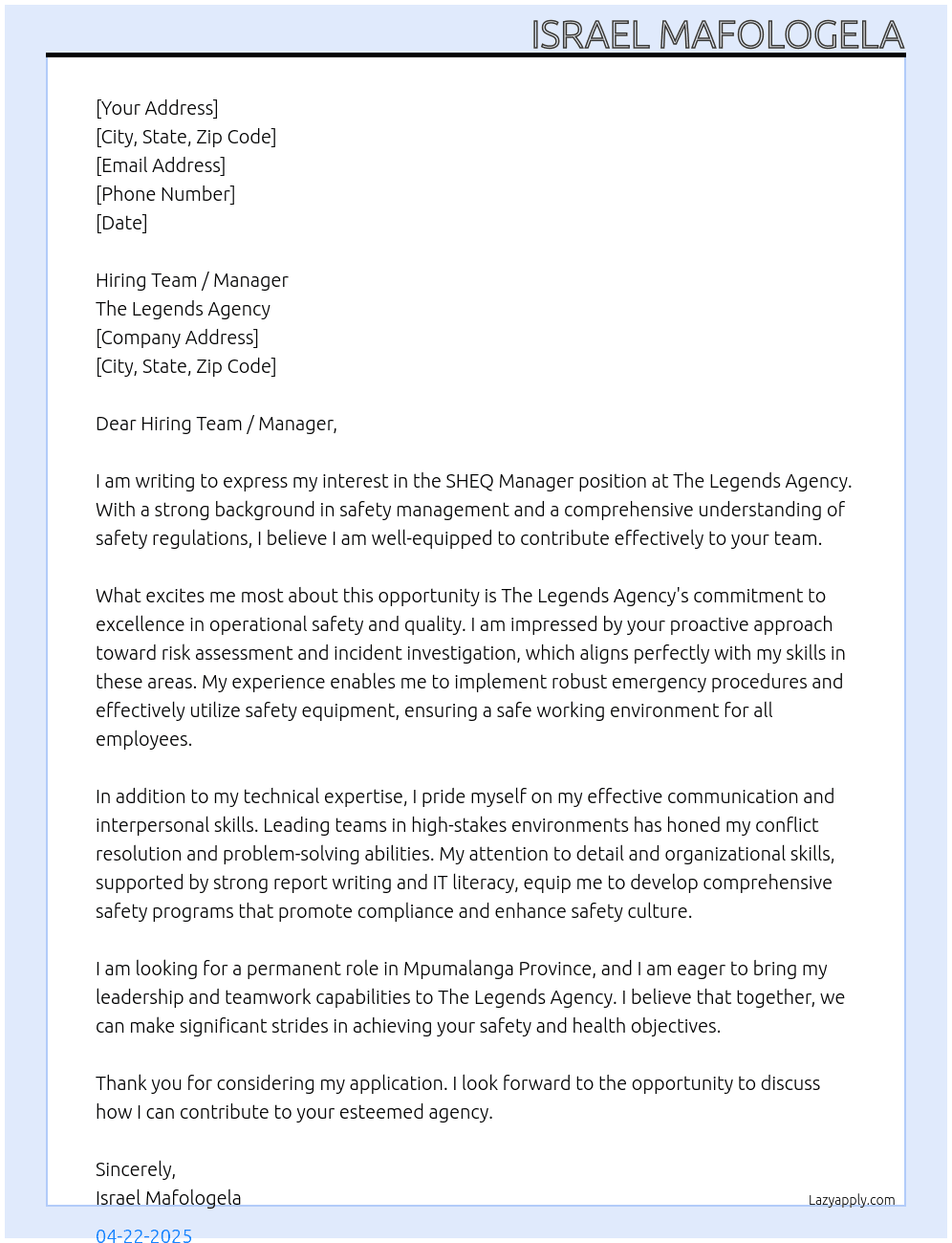 SHEQ  Manager At The Legends Agency Cover Letter